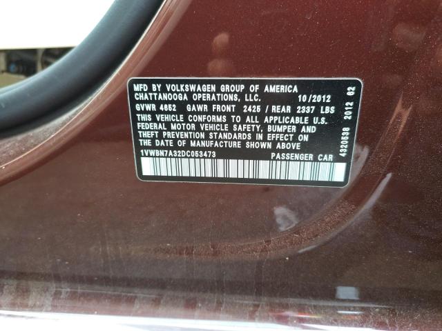 Photo 10 from auction – 2013 VOLKSWAGEN PASSAT SE with VIN 1VWBN7A32DC053473