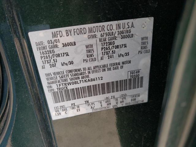 Photo 10 from auction – 2001 FORD F150 SUPER with VIN 1FTRW08L71KA86112
