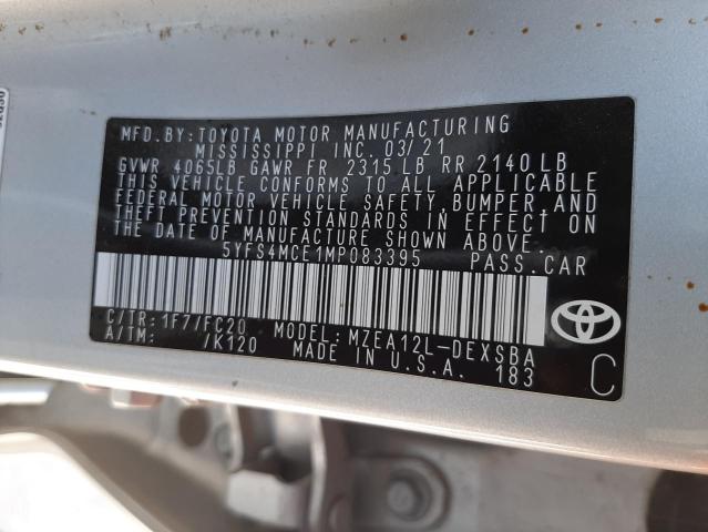 Photo 10 from auction – 2021 TOYOTA COROLLA SE with VIN 5YFS4MCE1MP083395