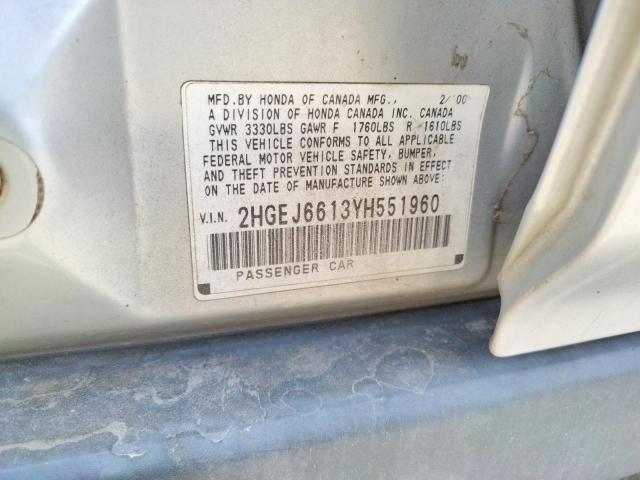 Photo 10 from auction – 2000 HONDA CIVIC BASE with VIN 2HGEJ6613YH551960
