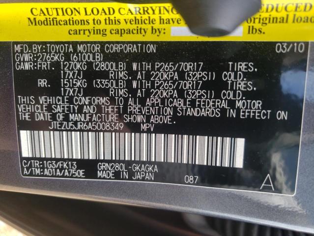 Photo 10 from auction – 2010 TOYOTA 4RUNNER SR with VIN JTEZU5JR6A5008349