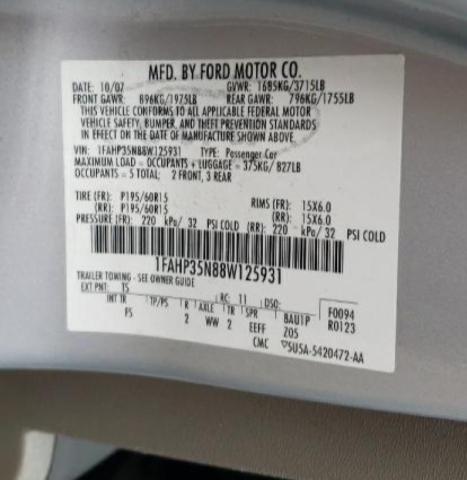 Photo 10 from auction – 2008 FORD FOCUS SE with VIN 1FAHP35N88W125931