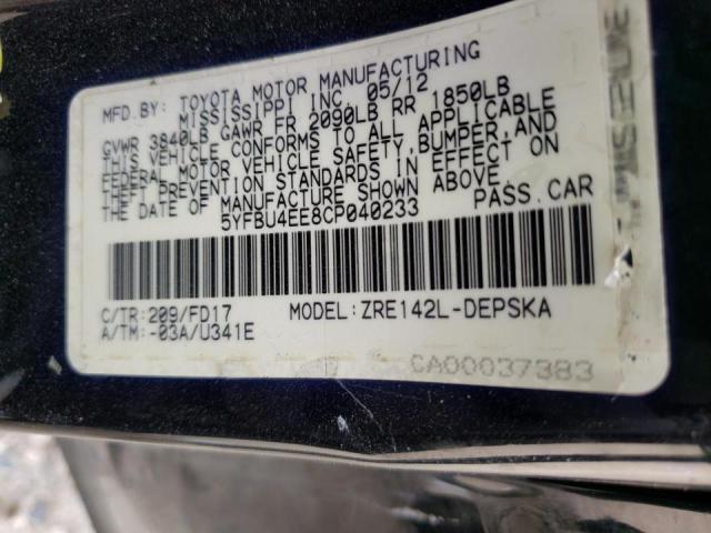Photo 10 from auction – 2012 TOYOTA COROLLA BA with VIN 5YFBU4EE8CP040233