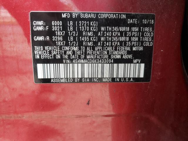 Photo 10 from auction – 2019 SUBARU ASCENT PRE with VIN 4S4WMACD6K3433094