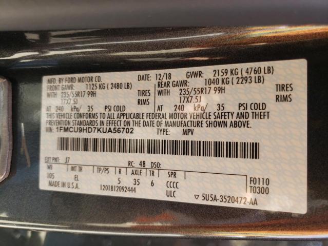Photo 10 from auction – 2019 FORD ESCAPE SEL with VIN 1FMCU9HD7KUA56702