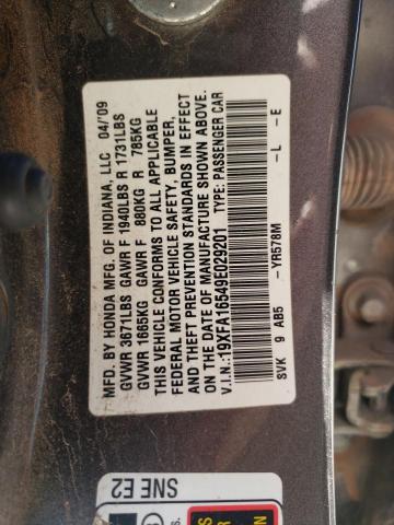 Photo 10 from auction – 2009 HONDA CIVIC LX with VIN 19XFA16549E029201