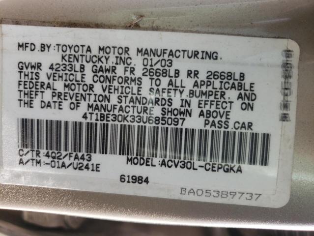 Photo 10 from auction – 2003 TOYOTA CAMRY LE with VIN 4T1BE30K33U685097