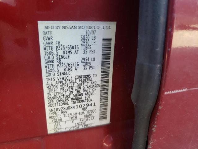 Photo 10 from auction – 2008 NISSAN QUEST S with VIN 5N1BV28U08N102941