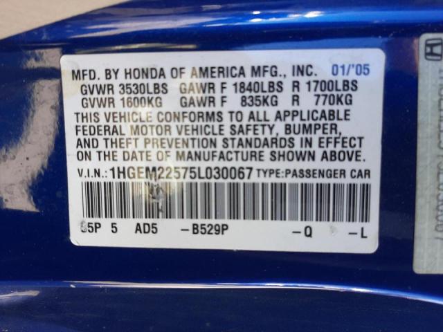 Photo 10 from auction – 2005 HONDA CIVIC LX with VIN 1HGEM22575L030067
