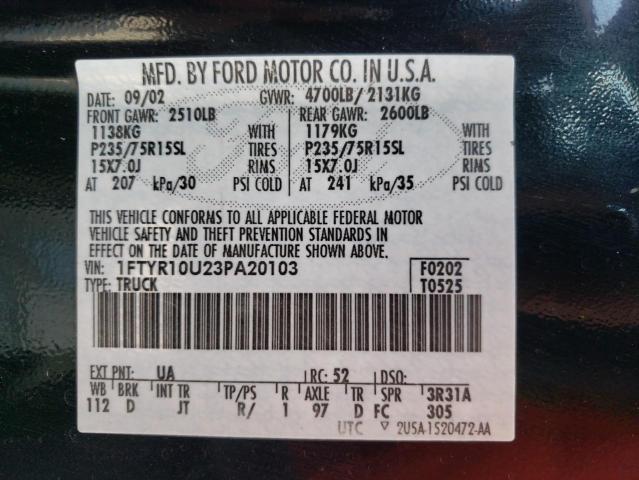 Photo 10 from auction – 2003 FORD RANGER with VIN 1FTYR10U23PA20103