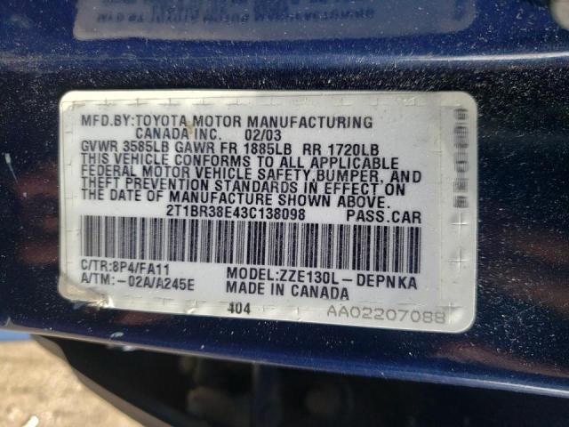 Photo 10 from auction – 2003 TOYOTA COROLLA CE with VIN 2T1BR38E43C138098