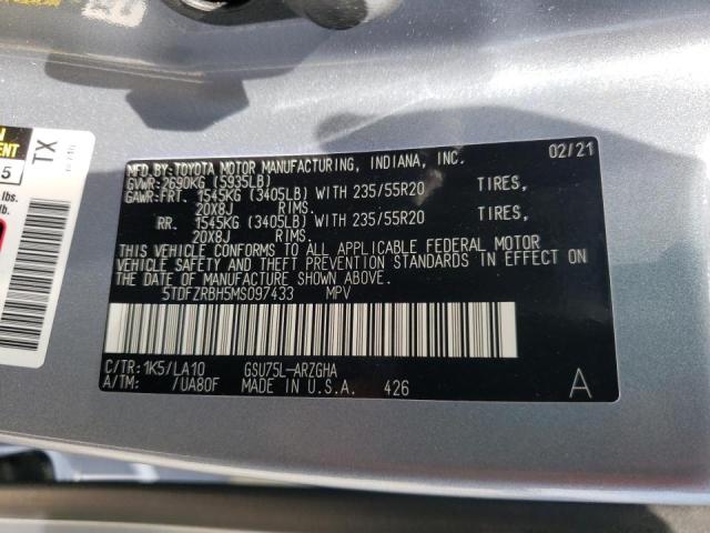 Photo 10 from auction – 2021 TOYOTA HIGHLANDER with VIN 5TDFZRBH5MS097433