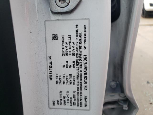Photo 10 from auction – 2021 TESLA MODEL 3 with VIN 5YJ3E1EA0MF976874