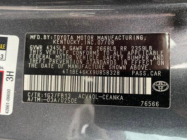 Photo 10 from auction – 2009 TOYOTA CAMRY BASE with VIN 4T1BE46KX9U858328