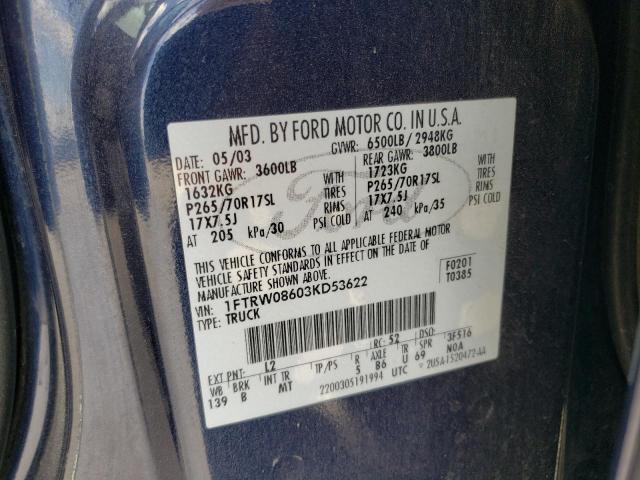 Photo 10 from auction – 2003 FORD F150 SUPER with VIN 1FTRW08603KD53622