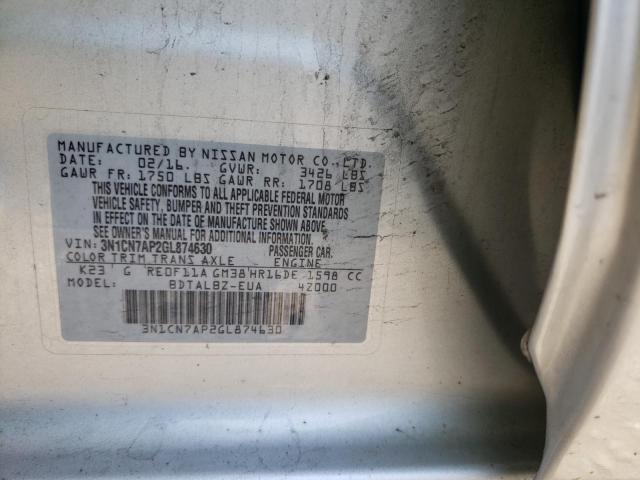 Photo 10 from auction – 2016 NISSAN VERSA S with VIN 3N1CN7AP2GL874630