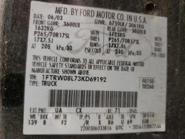 Photo 10 from auction – 2003 FORD F150 SUPER with VIN 1FTRW08L73KD69192