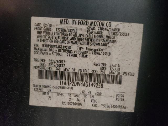 Photo 10 from auction – 2010 FORD TAURUS SE with VIN 1FAHP2DW4AG149258