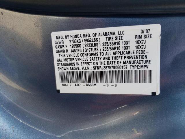 Photo 10 from auction – 2007 HONDA ODYSSEY EX with VIN 5FNRL38757B060157