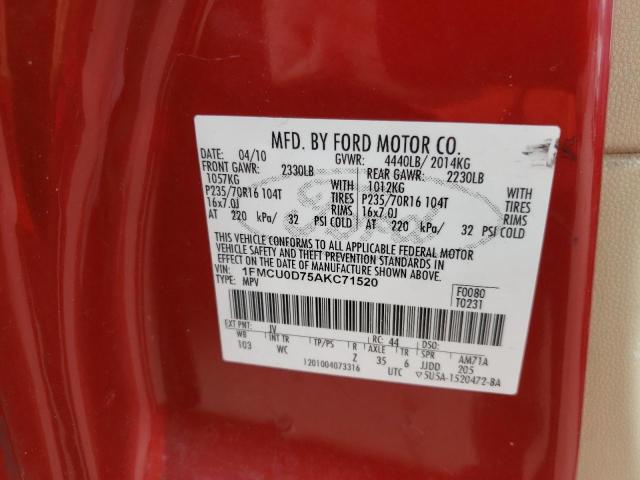 Photo 10 from auction – 2010 FORD ESCAPE XLT with VIN 1FMCU0D75AKC71520