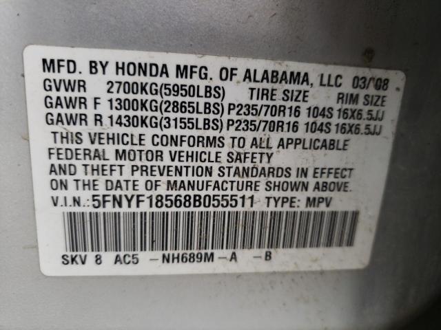 Photo 10 from auction – 2008 HONDA PILOT EXL with VIN 5FNYF18568B055511