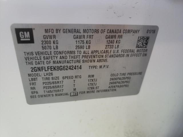 Photo 10 from auction – 2016 CHEVROLET EQUINOX LT with VIN 2GNFLFEK8G6242414