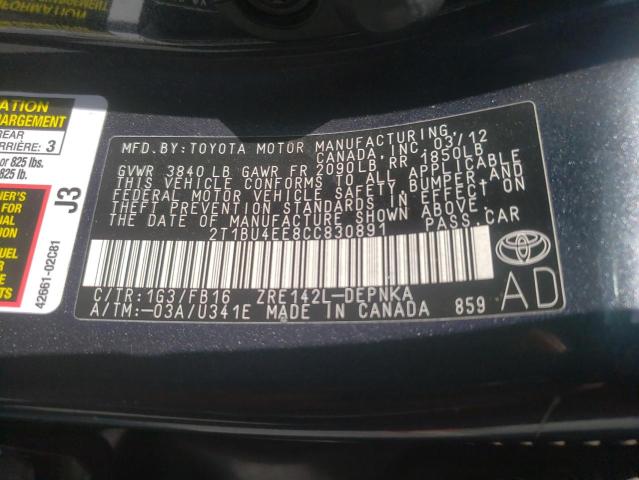 Photo 10 from auction – 2012 TOYOTA COROLLA BA with VIN 2T1BU4EE8CC830891