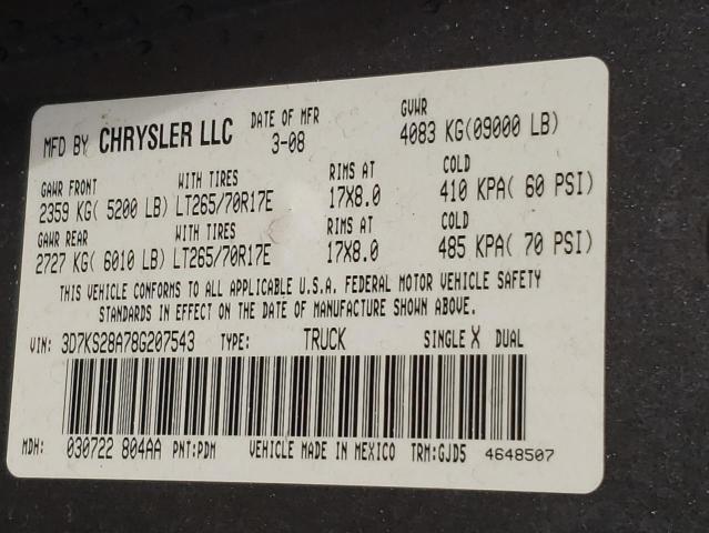 Photo 10 from auction – 2008 DODGE RAM 2500 S with VIN 3D7KS28A78G207543