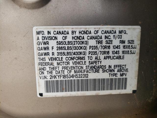 Photo 10 from auction – 2004 HONDA PILOT EXL with VIN 2HKYF18534H532312