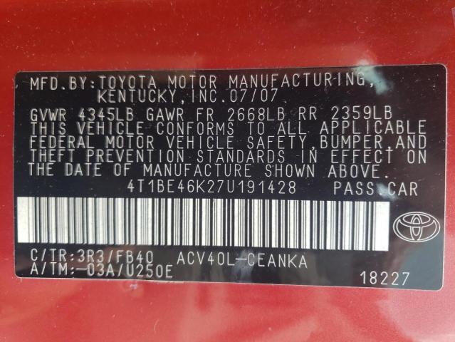 Photo 10 from auction – 2007 TOYOTA CAMRY with VIN 4T1BE46K27U191428