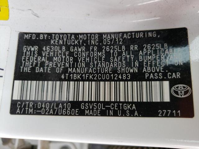 Photo 10 from auction – 2012 TOYOTA CAMRY SE with VIN 4T1BK1FK2CU012483