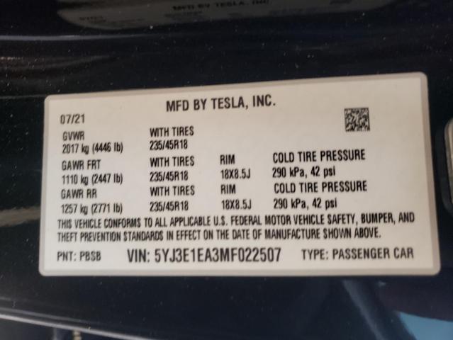 Photo 10 from auction – 2021 TESLA MODEL 3 with VIN 5YJ3E1EA3MF022507