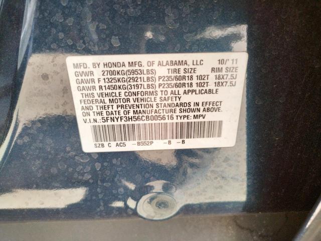Photo 10 from auction – 2012 HONDA PILOT EXL with VIN 5FNYF3H56CB005616