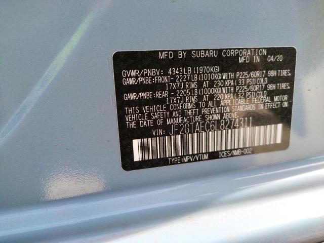 Photo 10 from auction – 2020 SUBARU CROSSTREK with VIN JF2GTAEC6L8274311