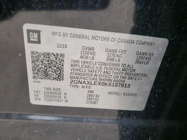 Photo 10 from auction – 2019 CHEVROLET EQUINOX LT with VIN 2GNAXLEX0K6187913