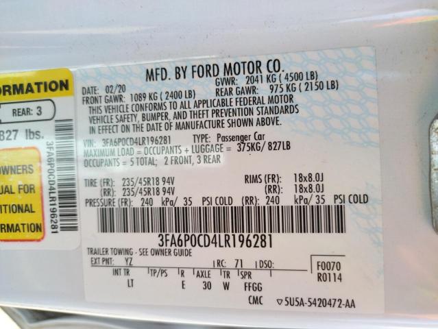 Photo 10 from auction – 2020 FORD FUSION SEL with VIN 3FA6P0CD4LR196281