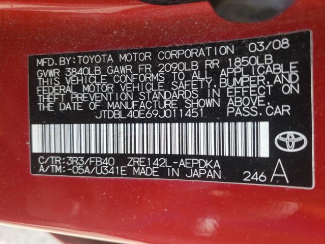 Photo 10 from auction – 2009 TOYOTA COROLLA BA with VIN JTDBL40E69J011451