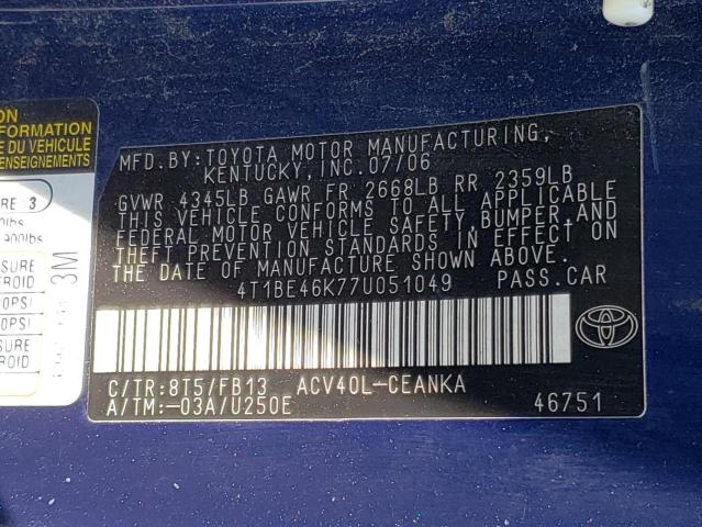 Photo 10 from auction – 2007 TOYOTA CAMRY CE with VIN 4T1BE46K77U051049