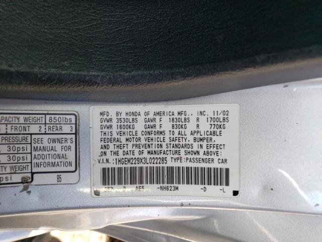 Photo 10 from auction – 2003 HONDA CIVIC EX with VIN 1HGEM229X3L022285