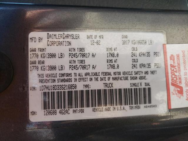 Photo 10 from auction – 2003 DODGE RAM 1500 S with VIN 1D7HU18D33S216850