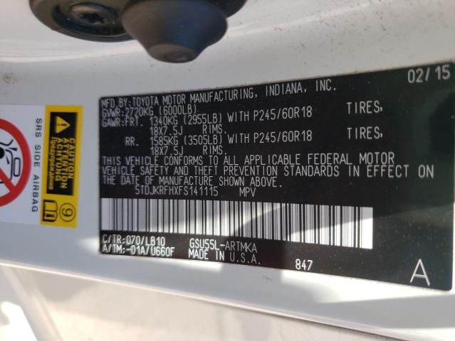 Photo 10 from auction – 2015 TOYOTA HIGHLANDER with VIN 5TDJKRFHXFS141115