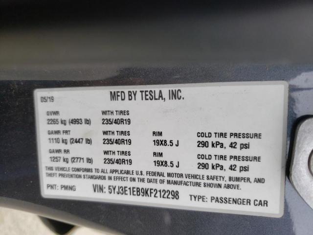 Photo 10 from auction – 2019 TESLA MODEL 3 with VIN 5YJ3E1EB9KF212298