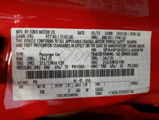 Photo 10 from auction – 2012 FORD FOCUS SEL with VIN 1FAHP3H23CL420978