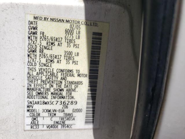 Photo 10 from auction – 2005 NISSAN PATHFINDER with VIN 5N1AR18WX5C736289
