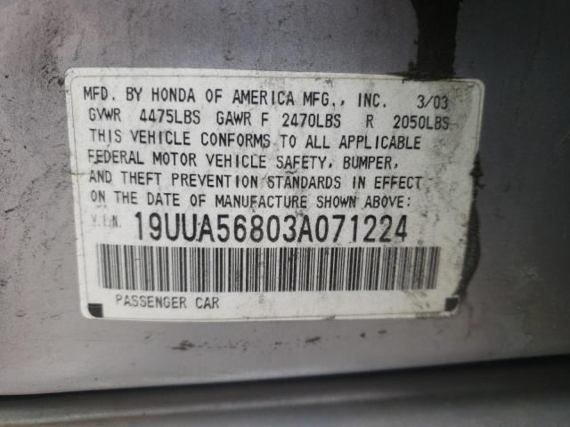 Photo 10 from auction – 2003 ACURA 3.2TL TYPE with VIN 19UUA56803A071224
