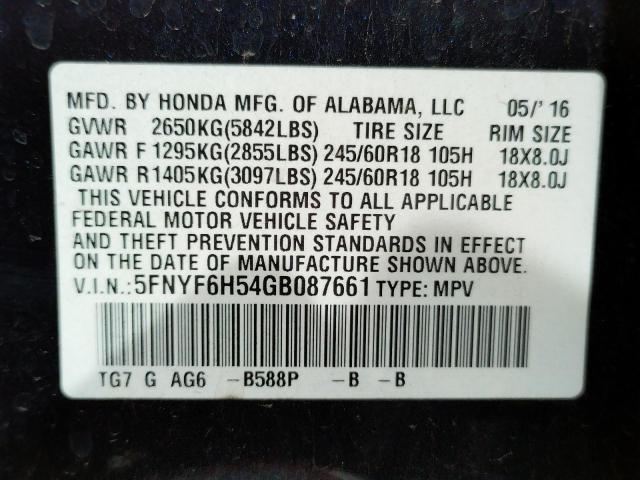 Photo 10 from auction – 2016 HONDA PILOT EXL with VIN 5FNYF6H54GB087661