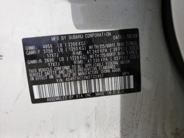 Photo 10 from auction – 2021 SUBARU OUTBACK PR with VIN 4S4BTACCXM3132467