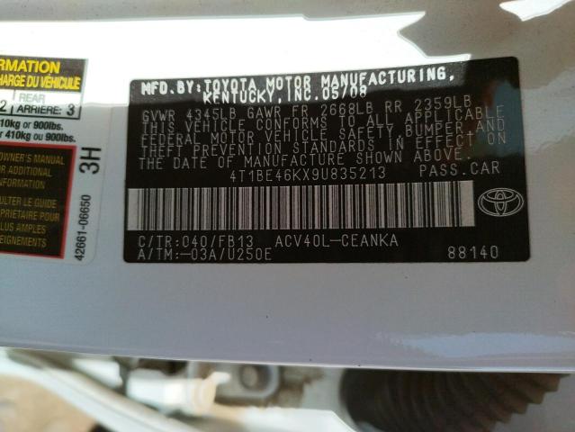 Photo 10 from auction – 2009 TOYOTA CAMRY BASE with VIN 4T1BE46KX9U835213