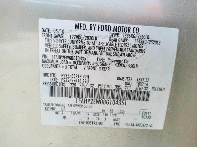 Photo 10 from auction – 2011 FORD TAURUS SEL with VIN 1FAHP2EW0BG104351