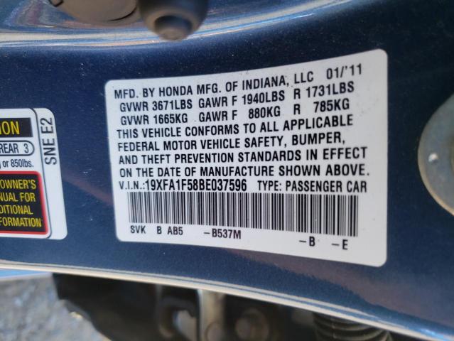 Photo 10 from auction – 2011 HONDA CIVIC LX with VIN 19XFA1F58BE037596